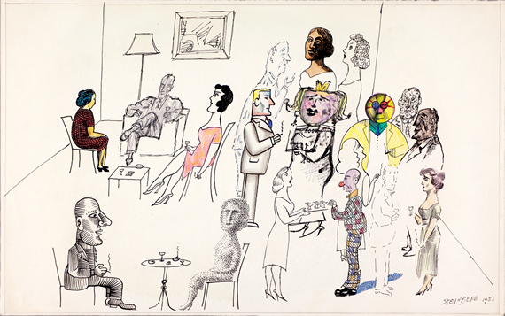[Techniques at a Party, 1953, Ink, coloured pencil, and watercolour on paper, 36.8 x 58.4 cm]